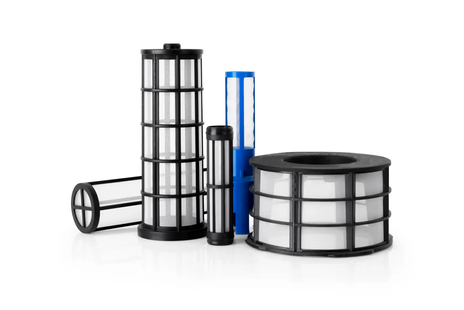 Collection of cylindrical plastic mesh filters in black, white and blue