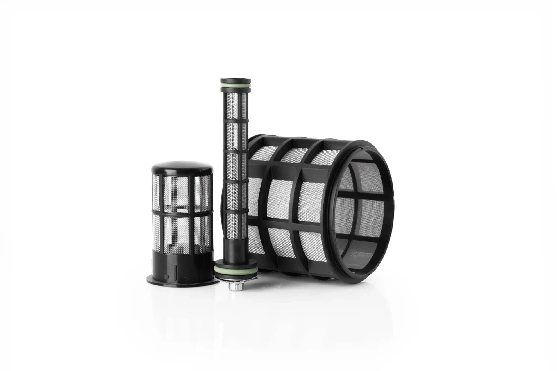 Black plastic mesh filters in three sizes on a white background