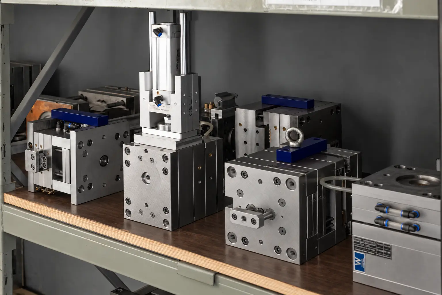 Shelves of injection moulding tools in the workshop