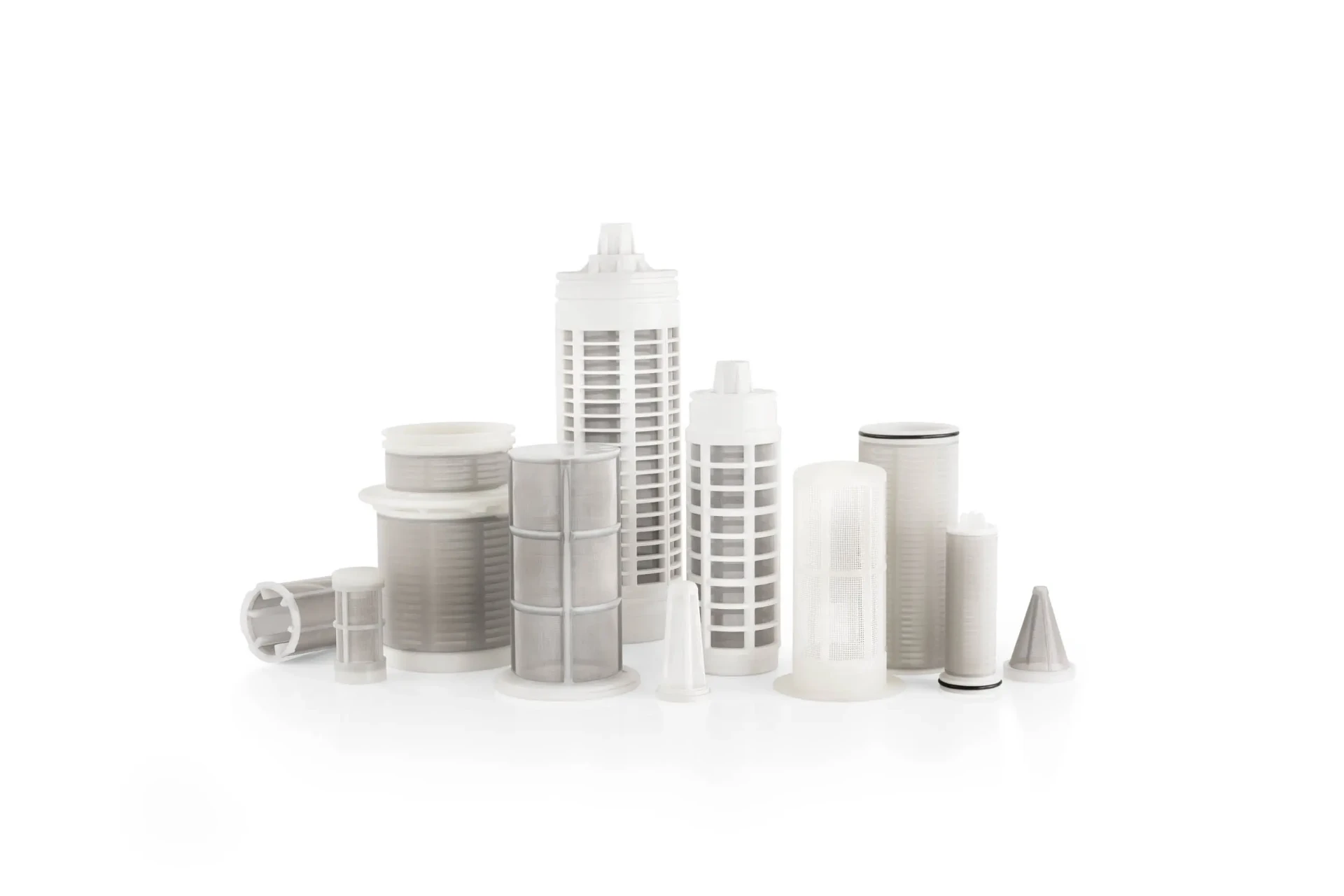 Range of white cylindrical injection moulded filter cartridges